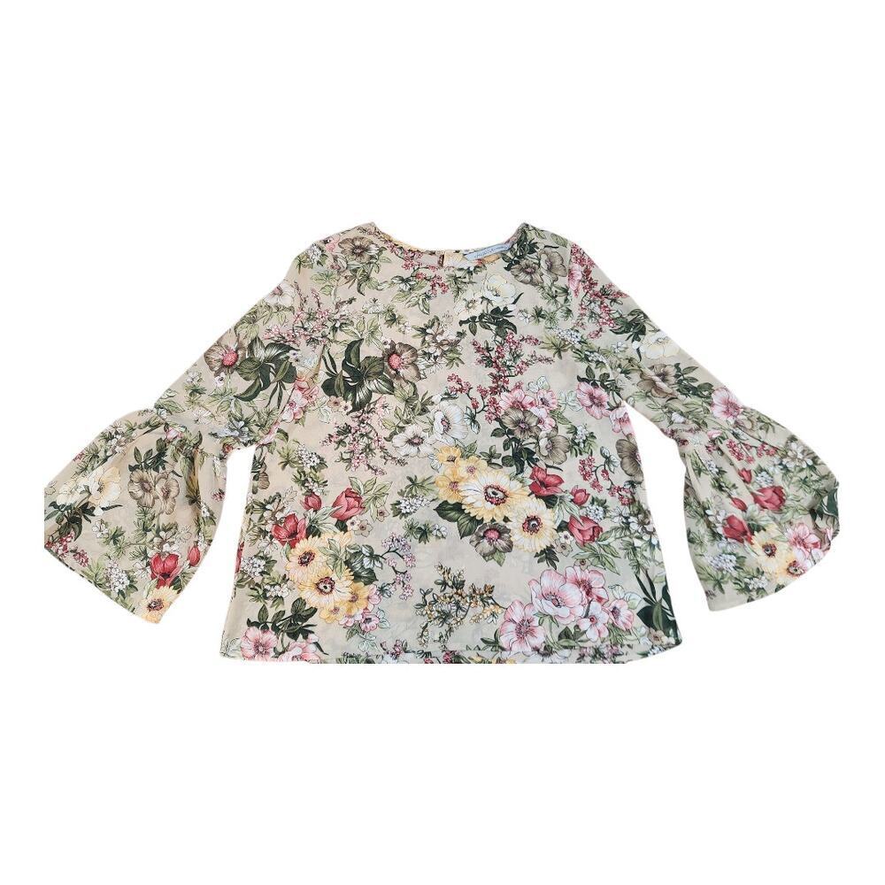 Arianna by‎ Howards floral sheer blouse long bell sleeve sz S/M spring summer